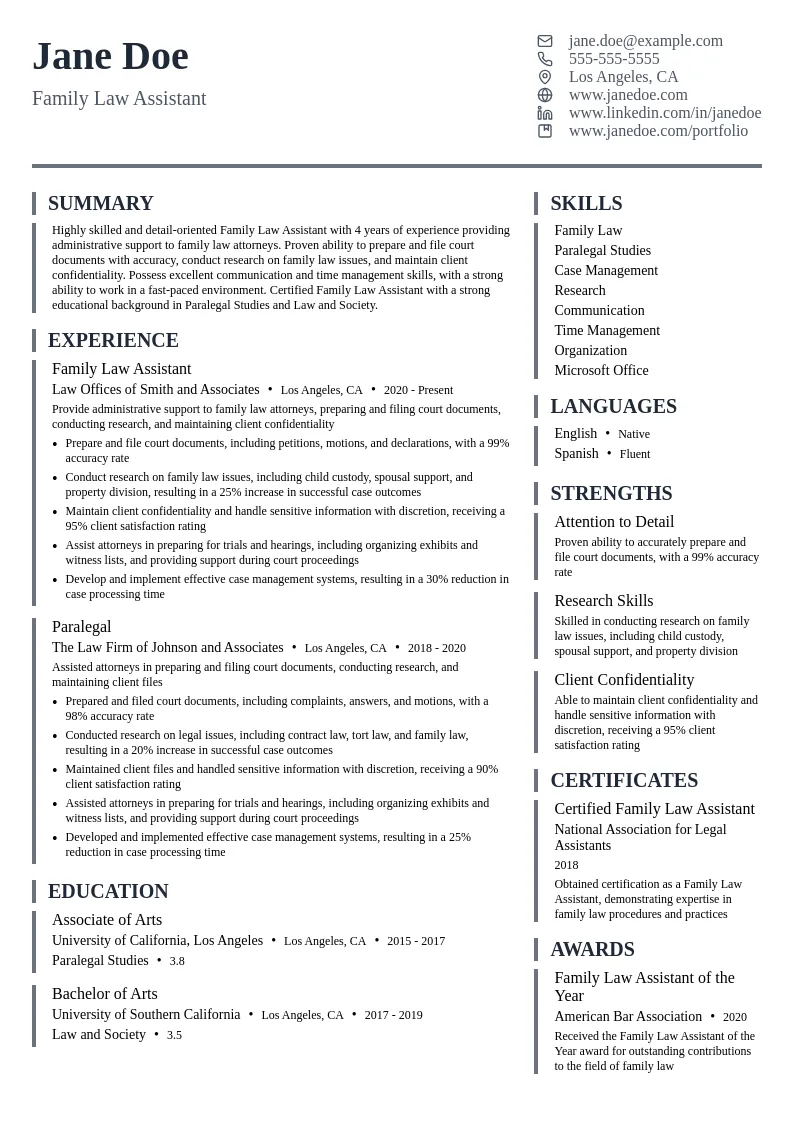 Family Law Assistant resume example