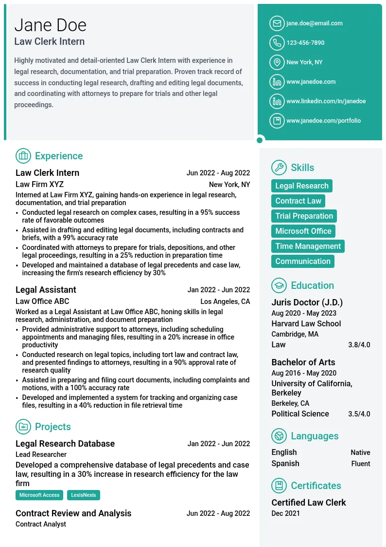 Law Clerk Intern resume example