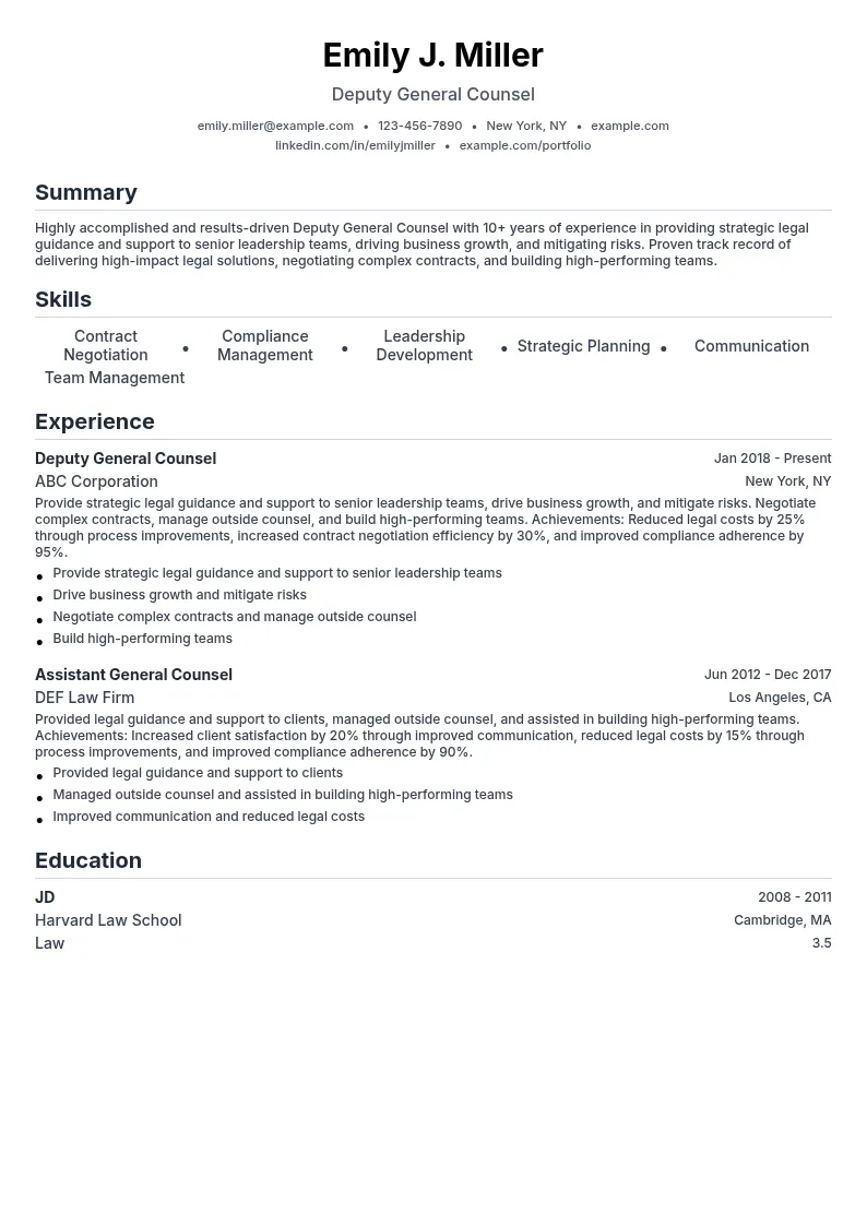 Deputy General Counsel resume example