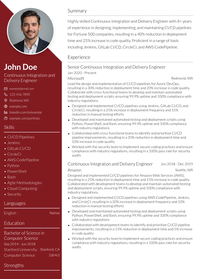Continuous Integration and Delivery Engineer resume example