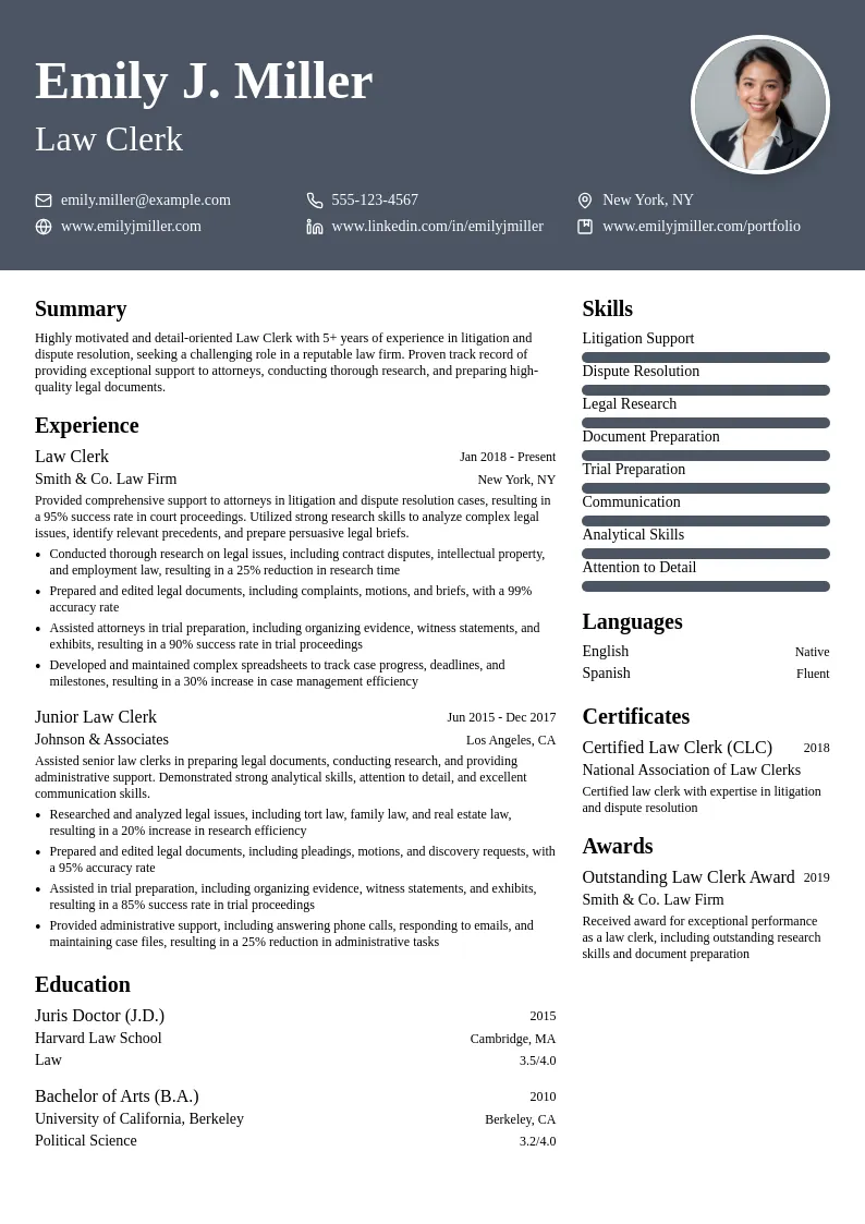 Litigation and Dispute Resolution Law Clerk resume example