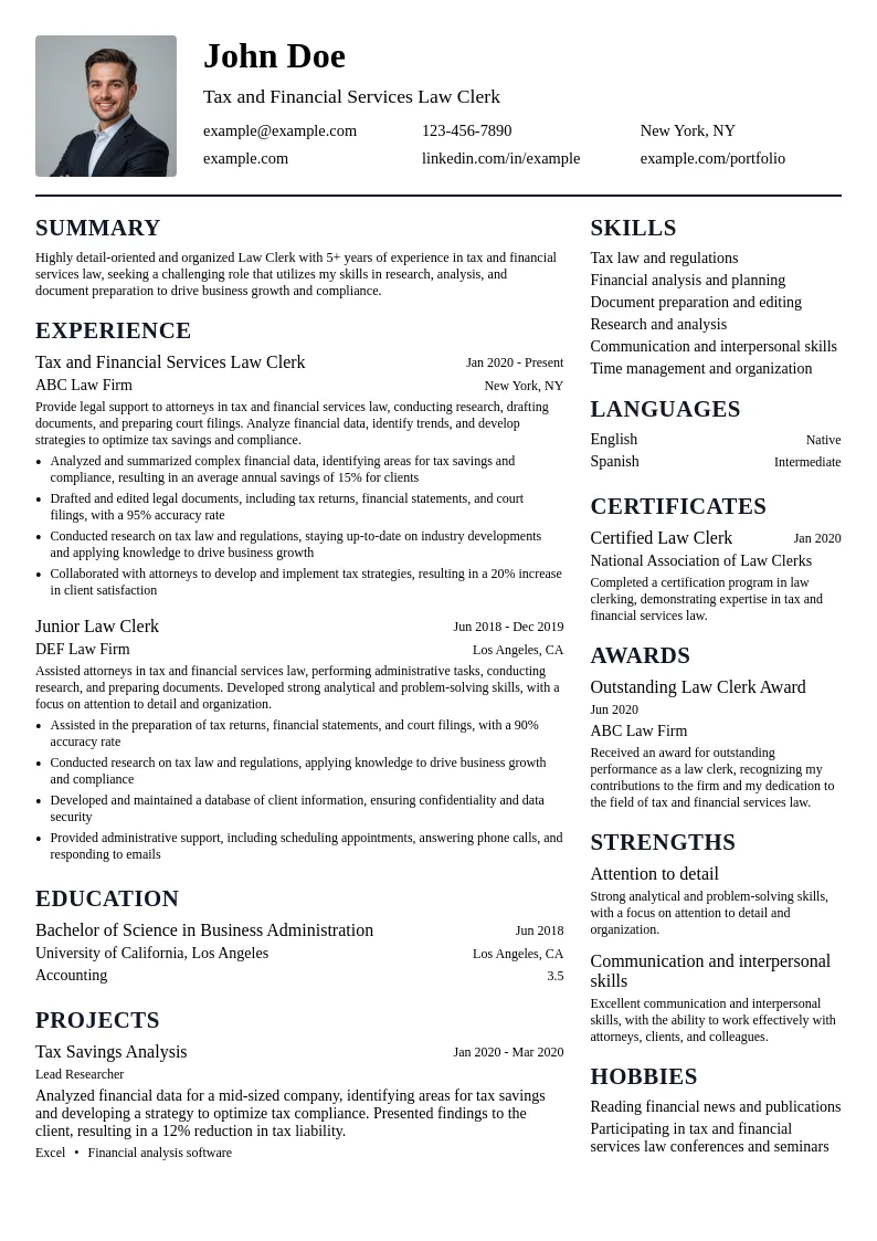 Tax and Financial Services Law Clerk resume example