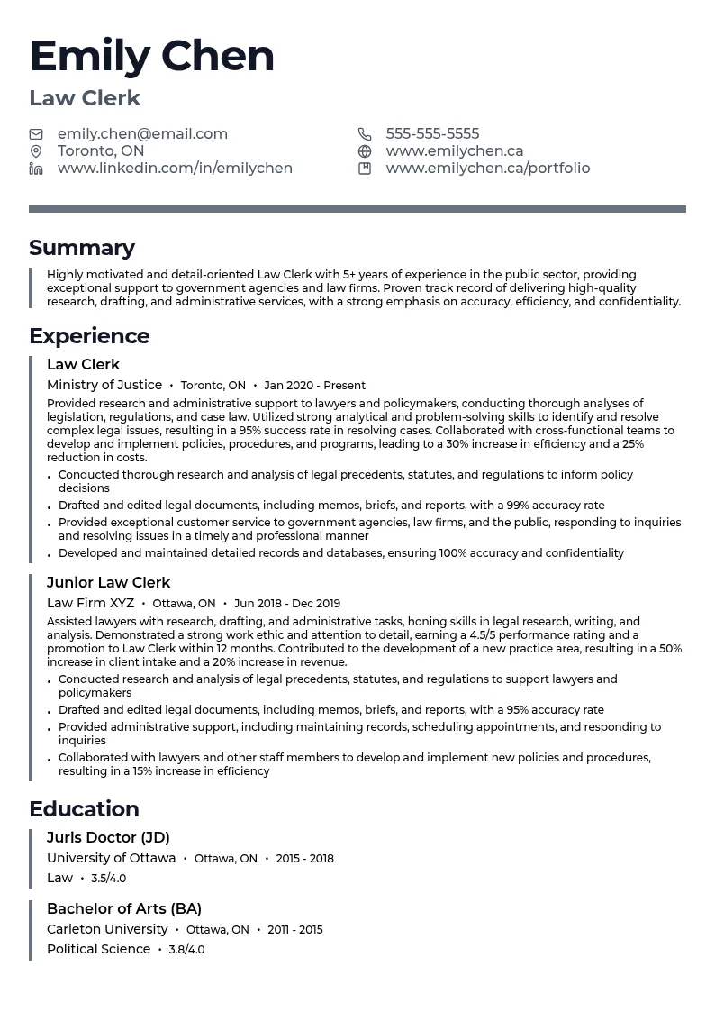 Public Sector and Government Law Clerk resume example