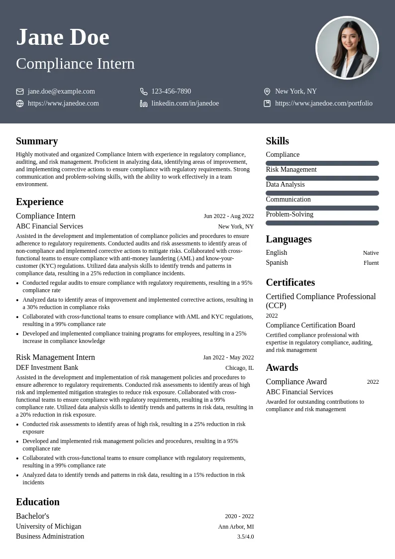 Compliance Intern resume example