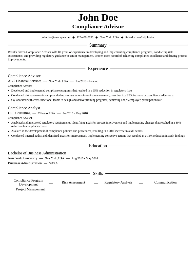 Compliance Advisor resume example