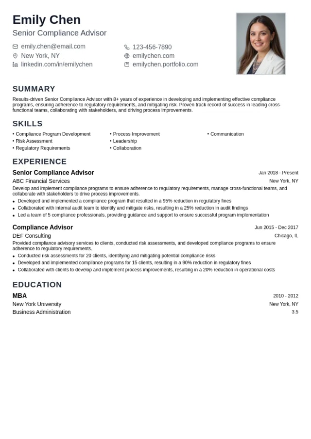 Senior Compliance Advisor resume example