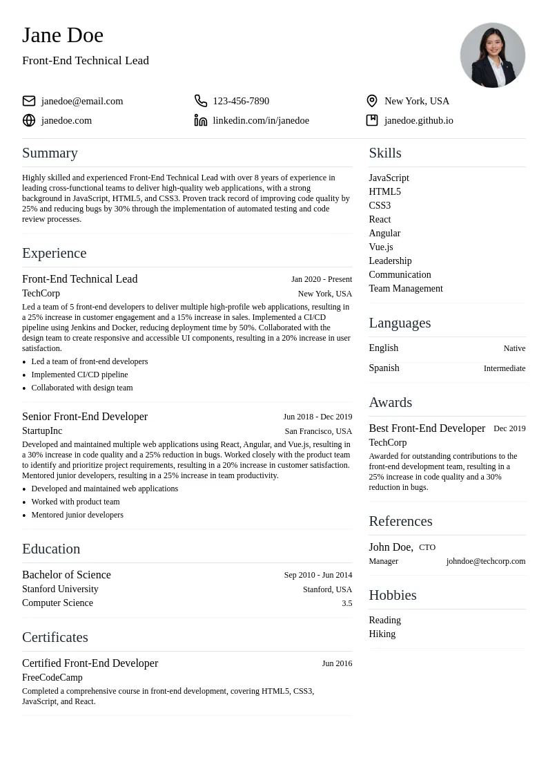 Front-End Technical Lead resume example