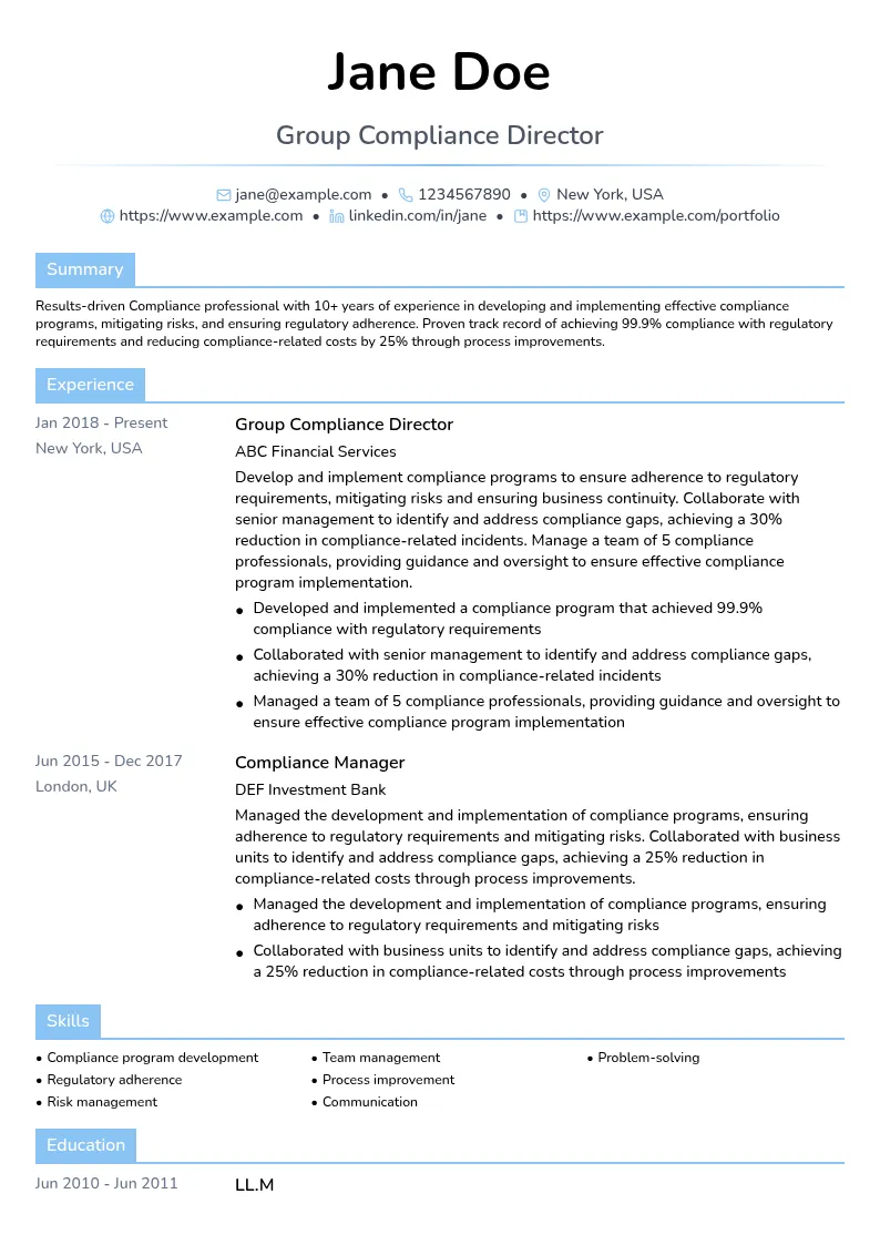 Group Compliance Director resume example
