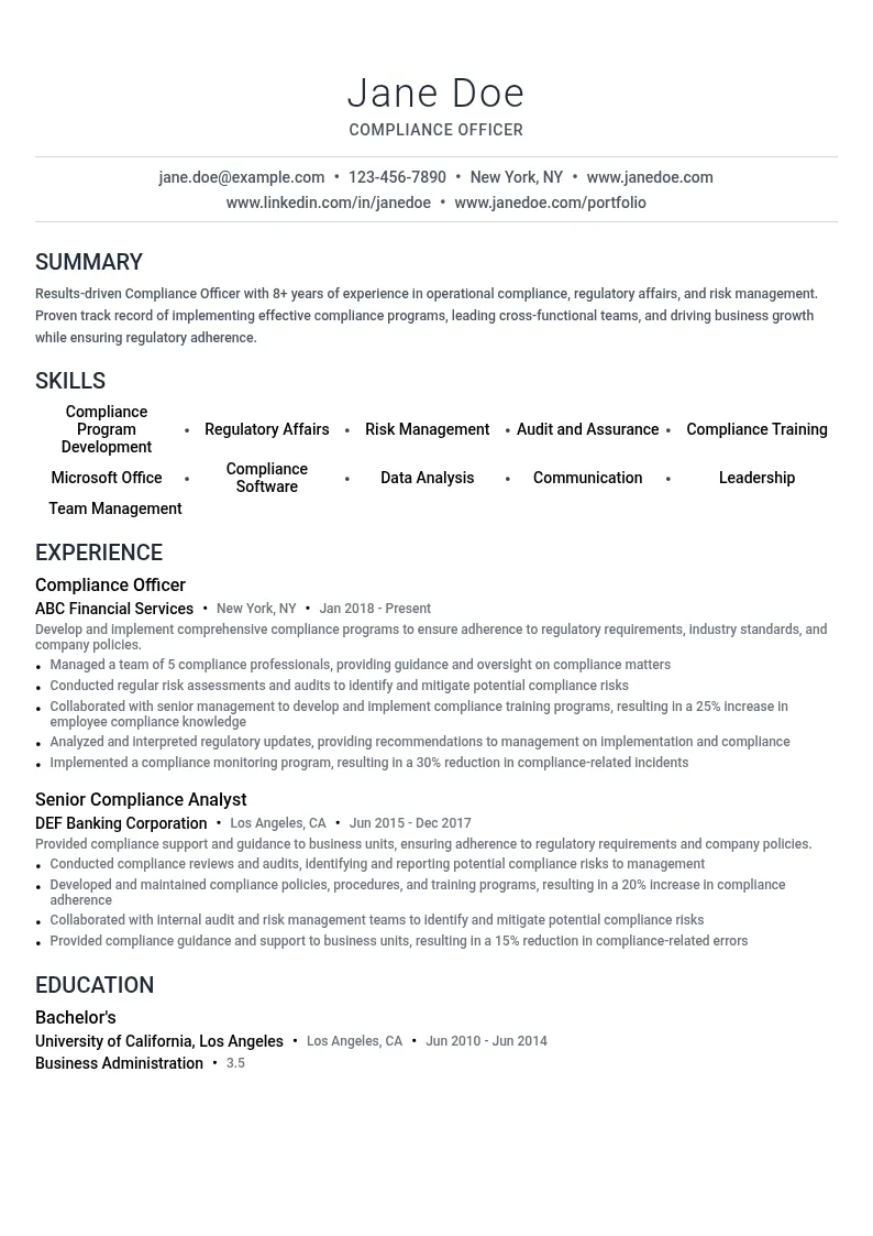 Operational Compliance resume example
