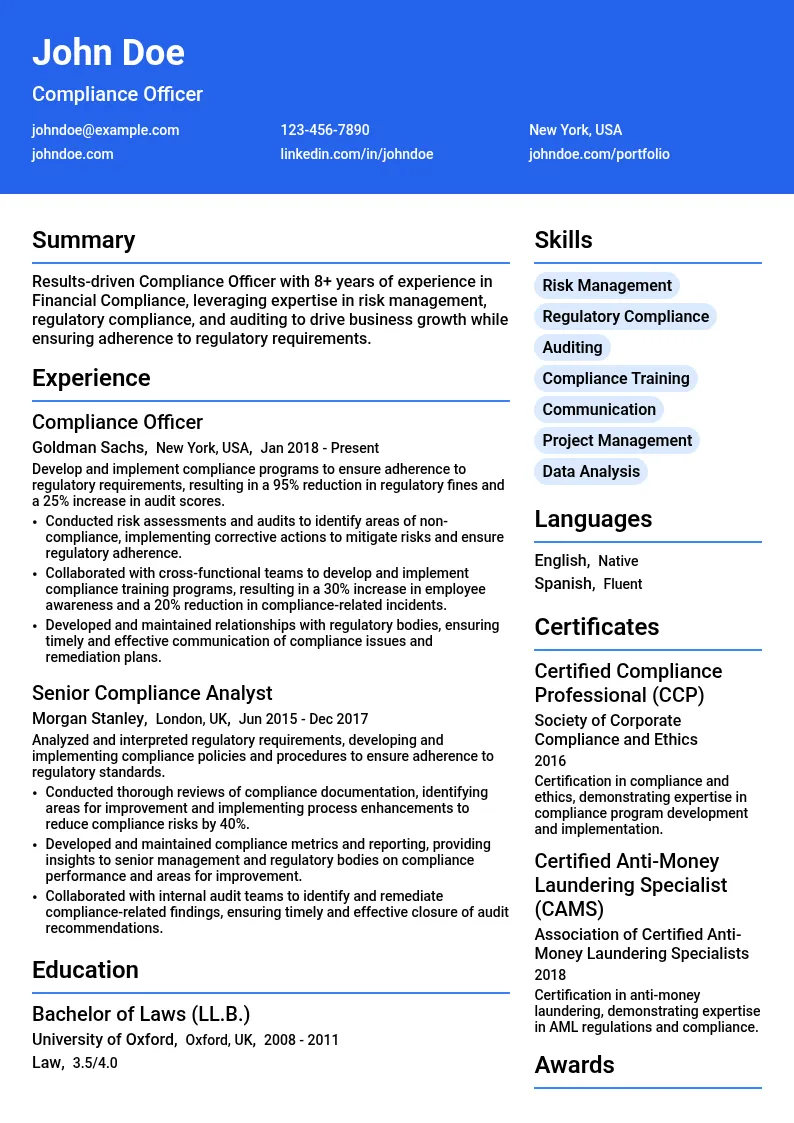 Financial Compliance resume example