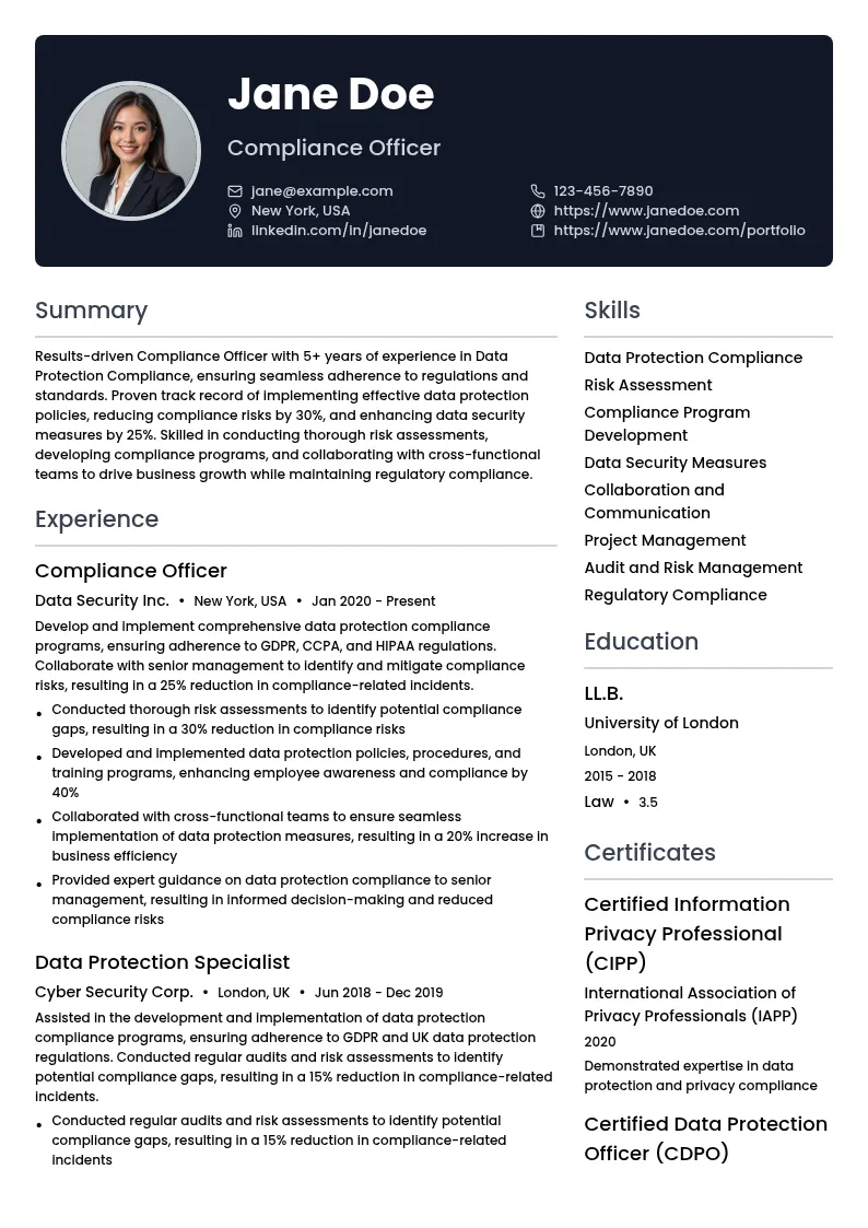 Data Protection Compliance resume example