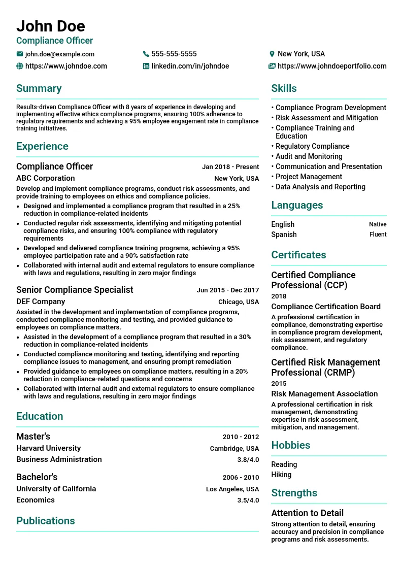 Ethics Compliance resume example