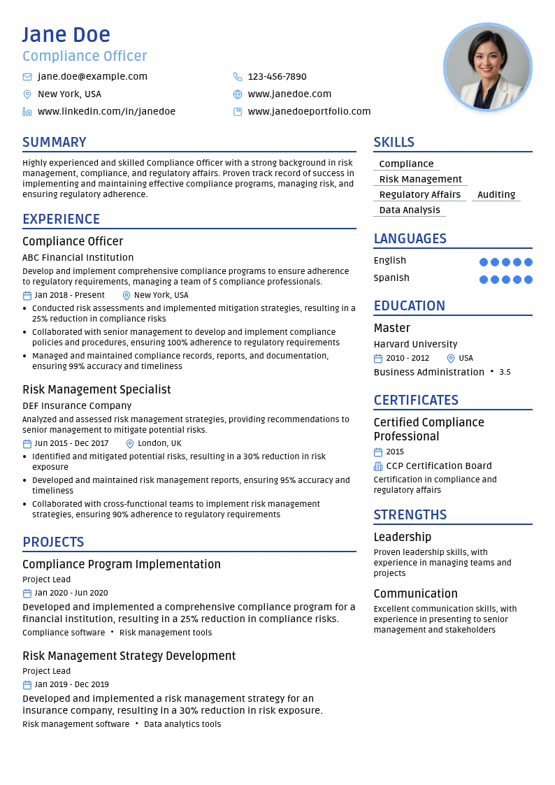 Risk Management Compliance resume example