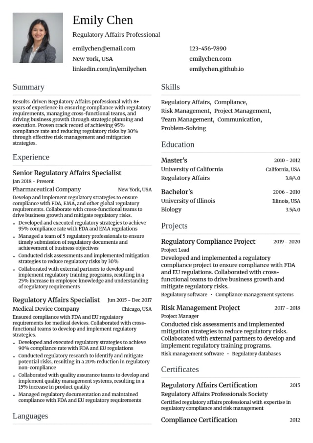Regulatory Affairs resume example