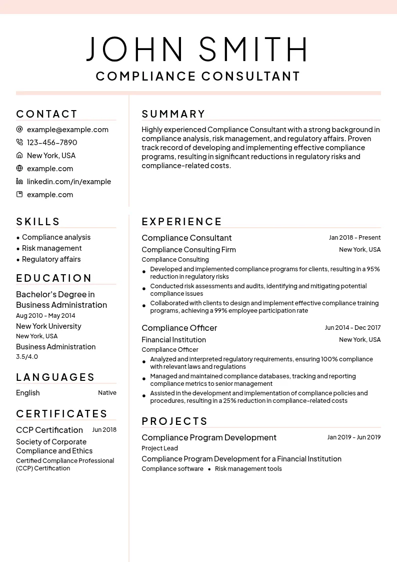 Compliance Consulting resume example