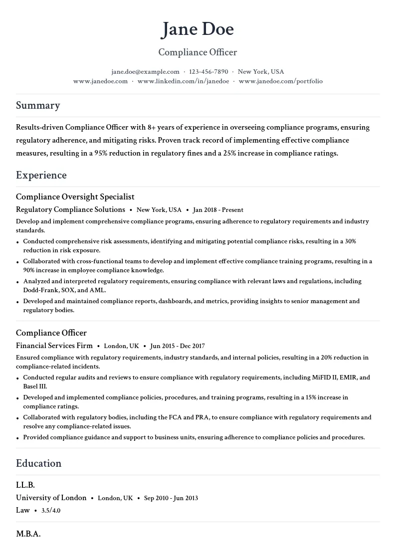 Compliance Oversight resume example