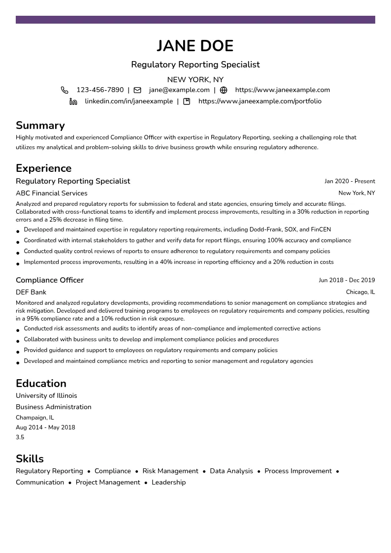 Regulatory Reporting resume example