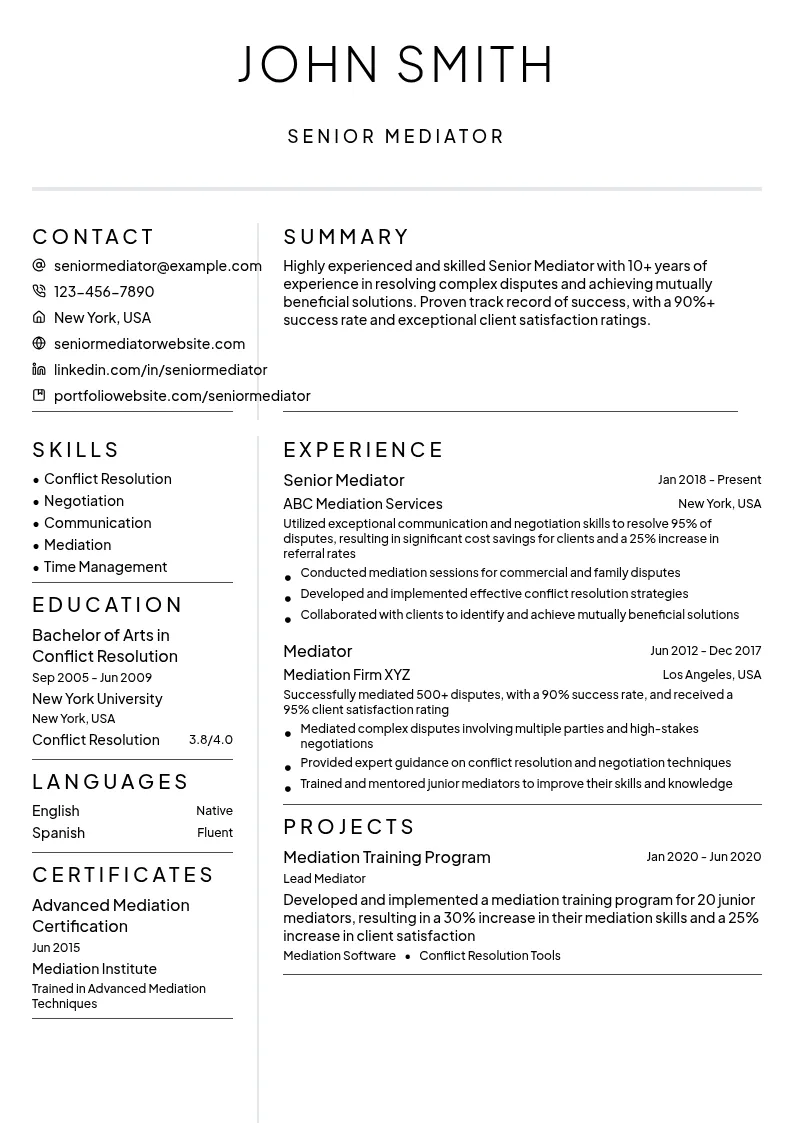 Senior Mediator resume example