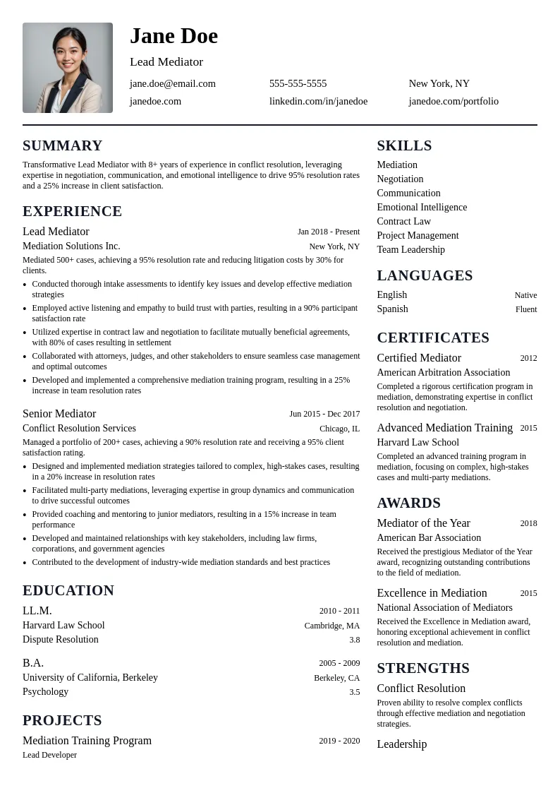 Lead Mediator resume example