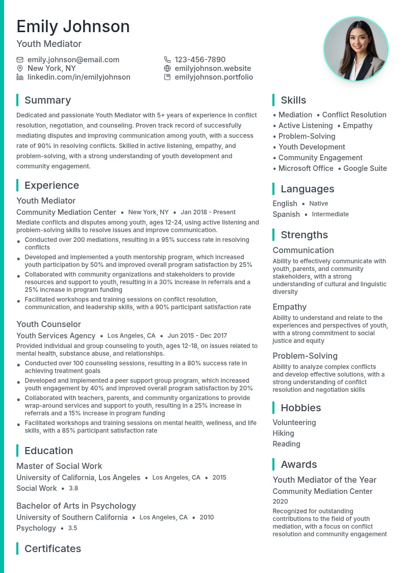 Youth Mediator resume example