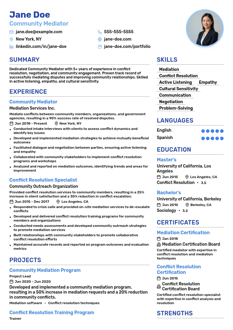 Community Mediator resume example