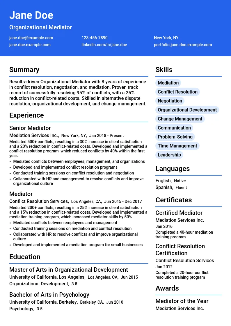 Organizational Mediator resume example