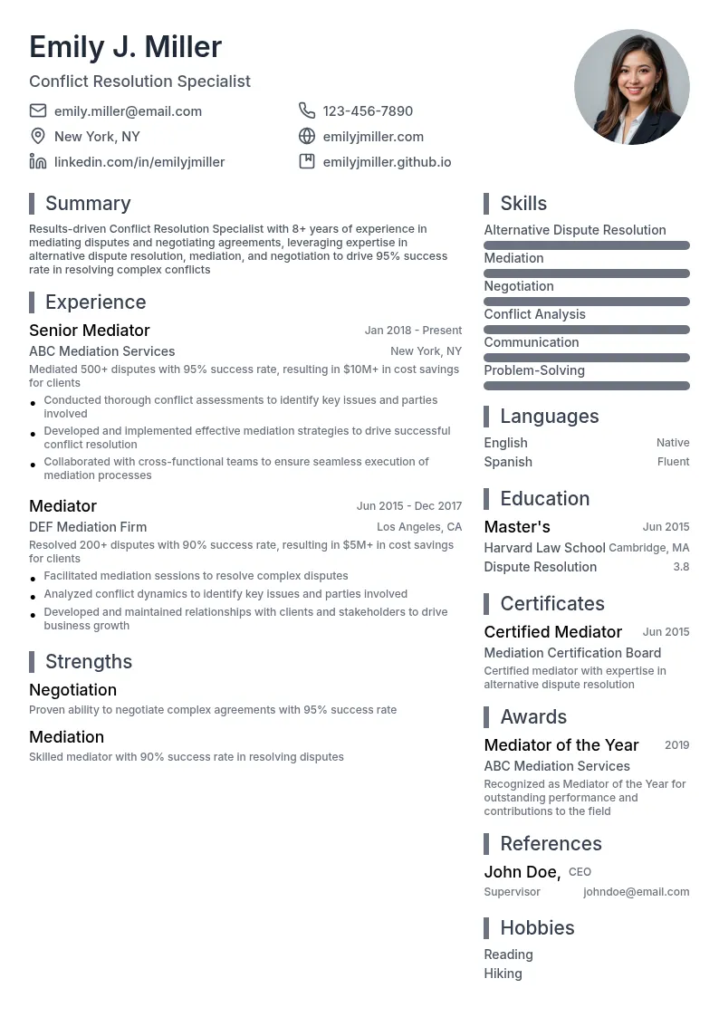 Conflict Resolution Specialist resume example