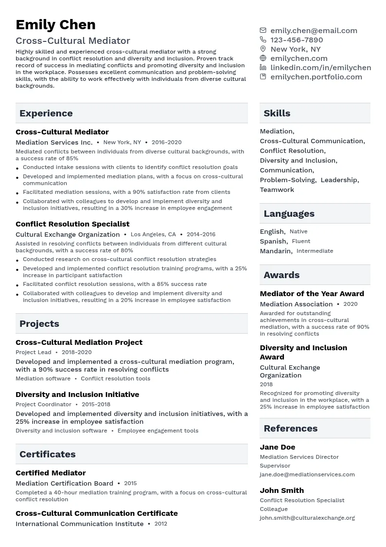 Cross-Cultural Mediator resume example