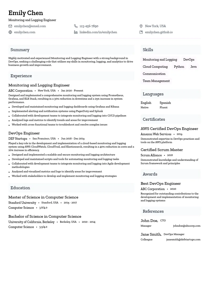 Monitoring and Logging Engineer resume example