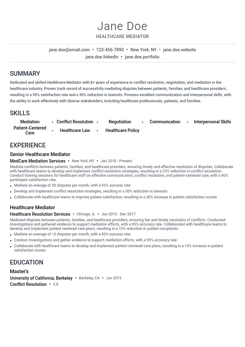 Healthcare Mediator resume example