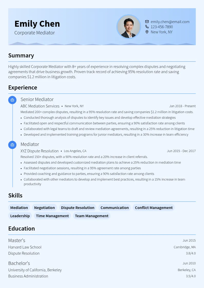 Corporate Mediator resume example