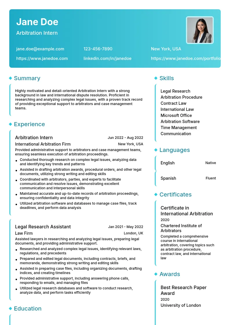 Arbitration Intern resume example