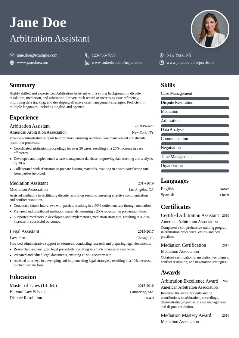 Arbitration Assistant resume example