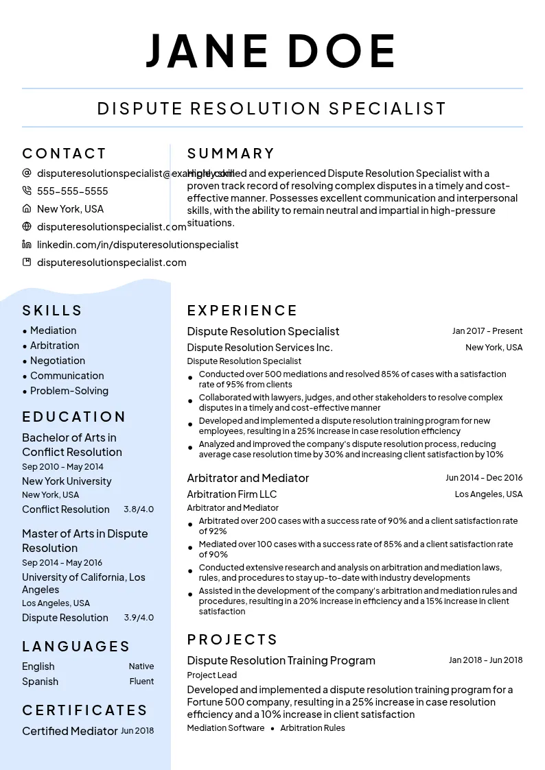 Dispute Resolution Specialist resume example