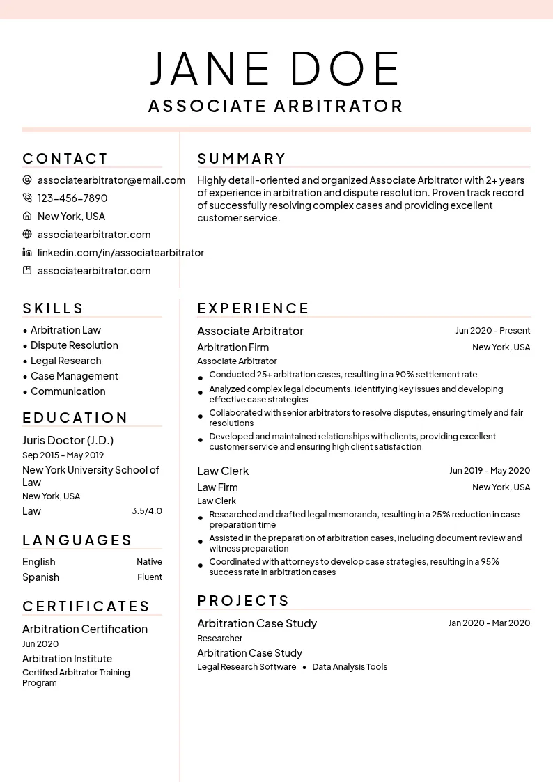 Associate Arbitrator resume example