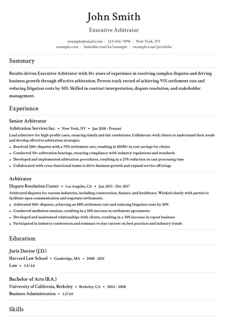 Executive Arbitrator resume example
