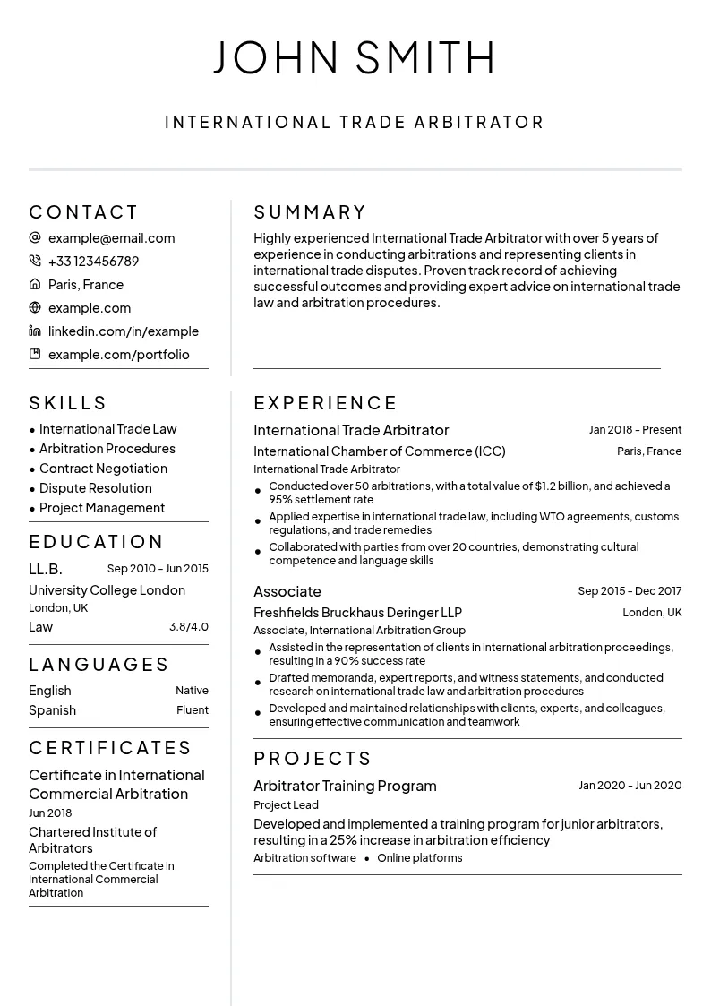 International Trade Arbitrator resume example