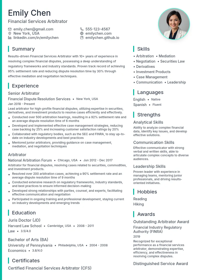 Financial Services Arbitrator resume example