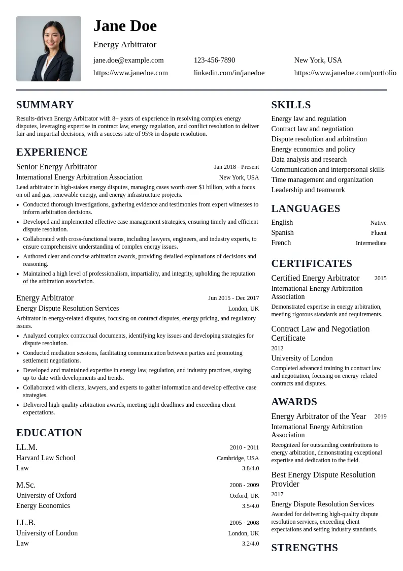 Energy Arbitrator resume example