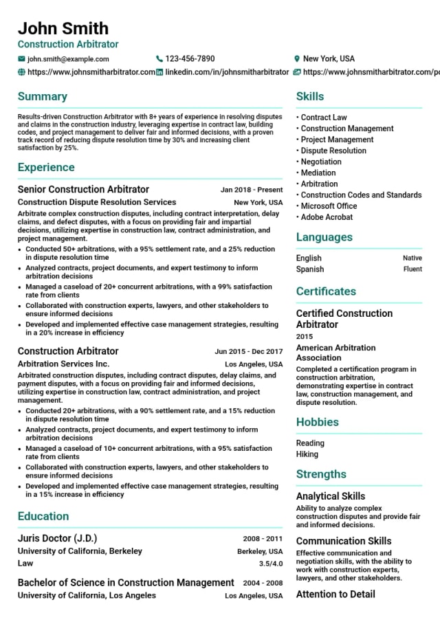 Construction Arbitrator resume example