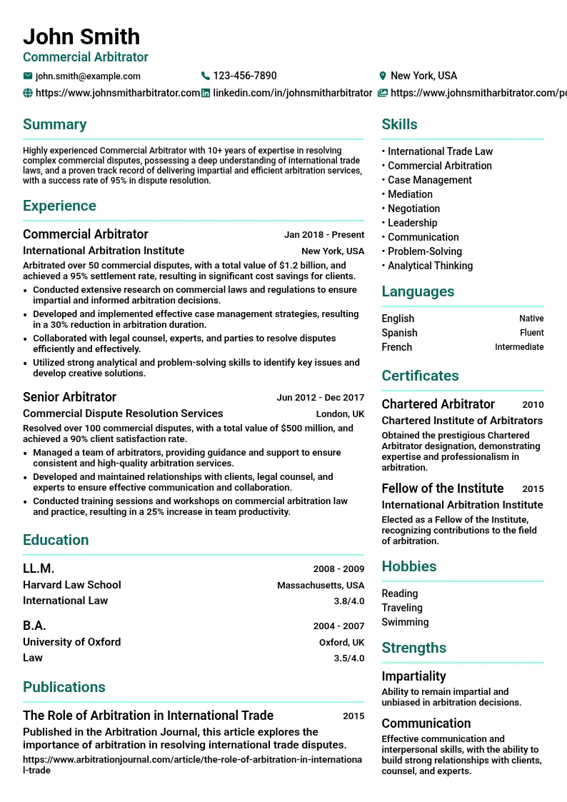 Commercial Arbitrator resume example