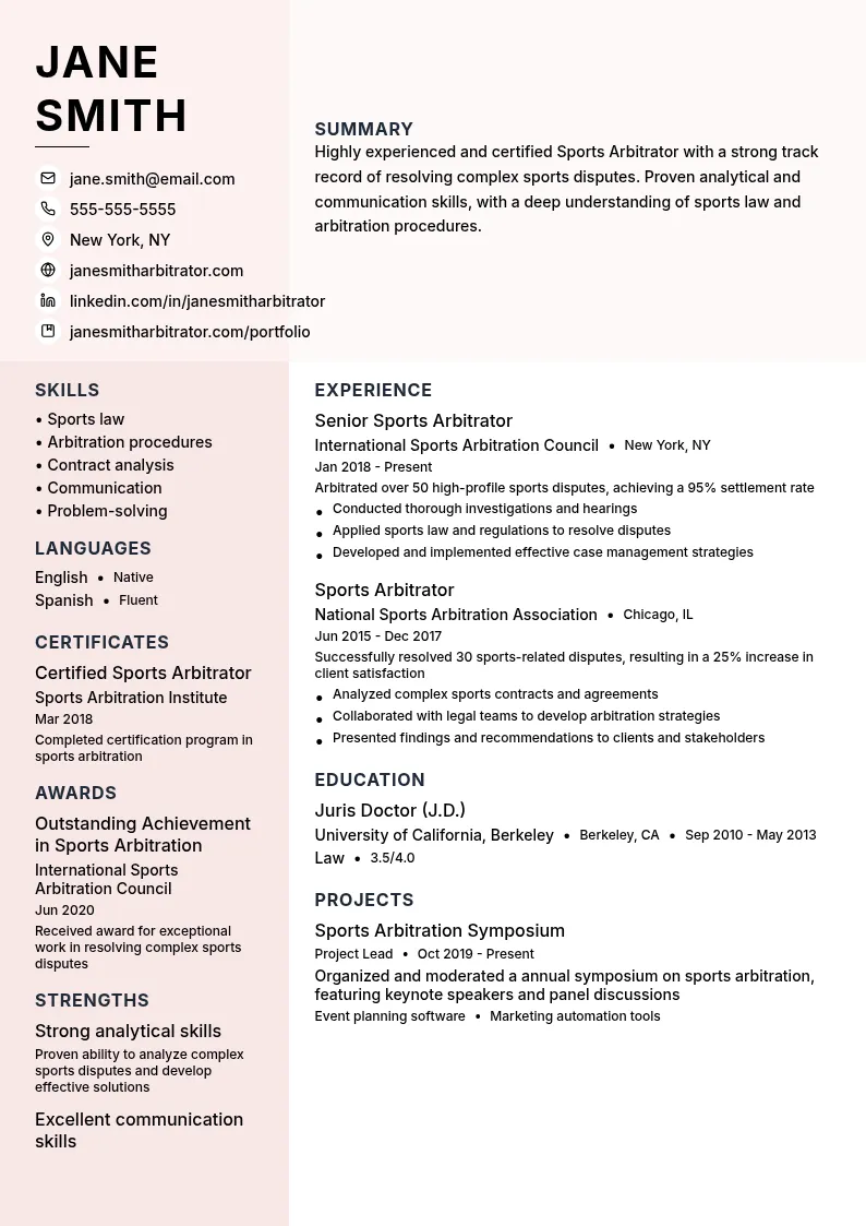 Sports Arbitrator resume example