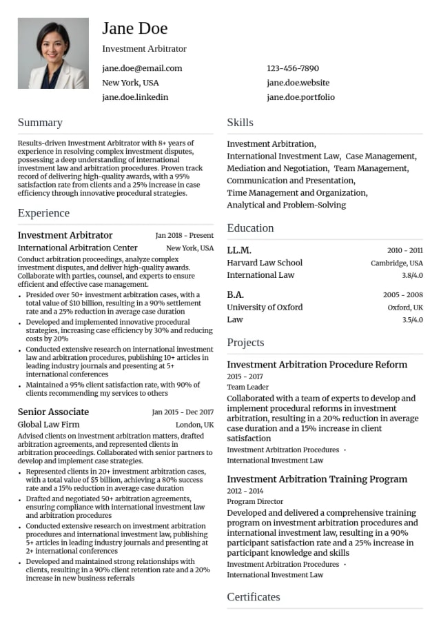 Investment Arbitrator resume example