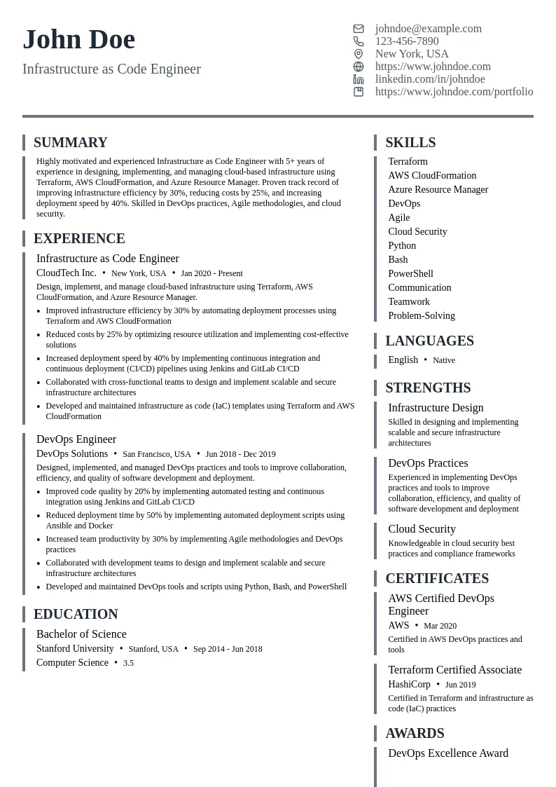 Infrastructure as Code Engineer resume example