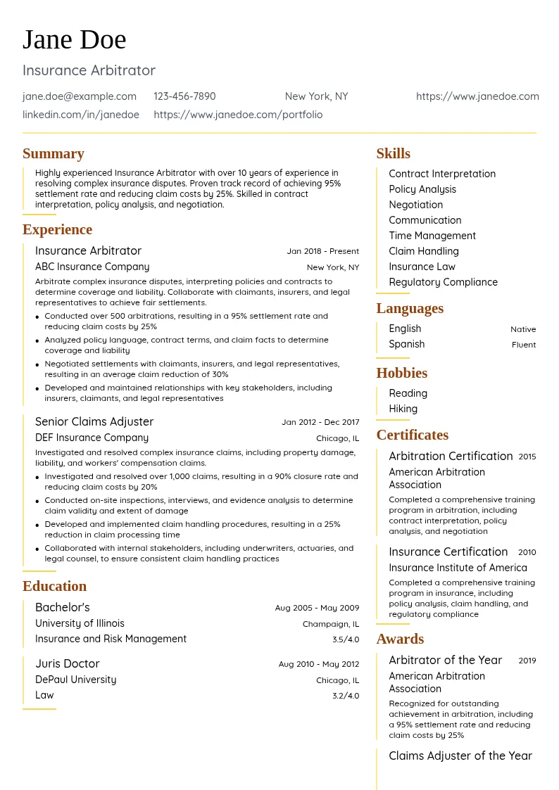 Insurance Arbitrator resume example