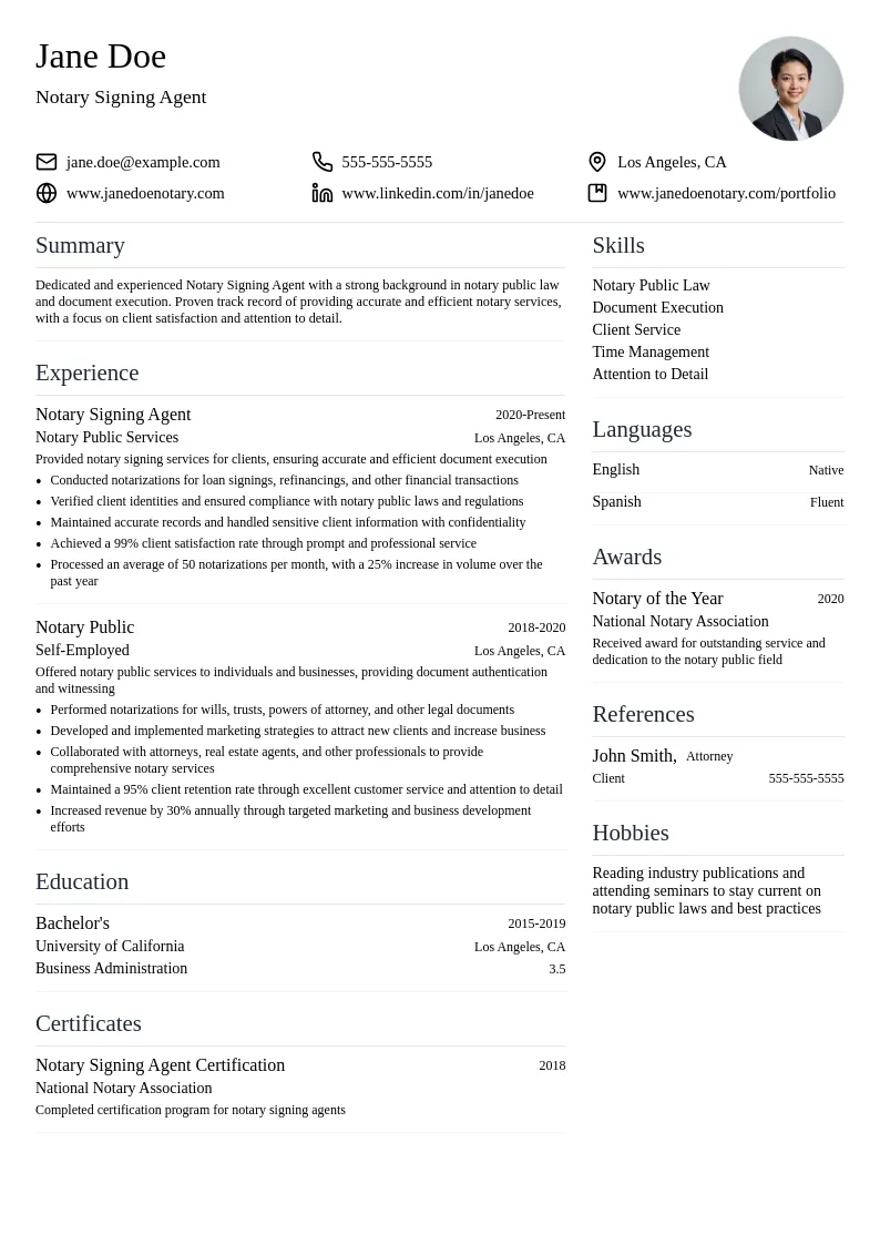 Notary Signing Agent resume example