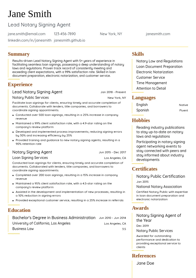 Lead Notary Signing Agent resume example