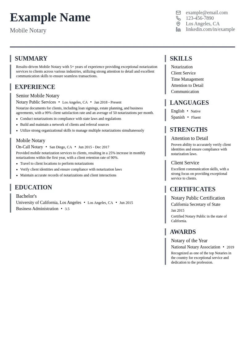 Mobile Notary resume example
