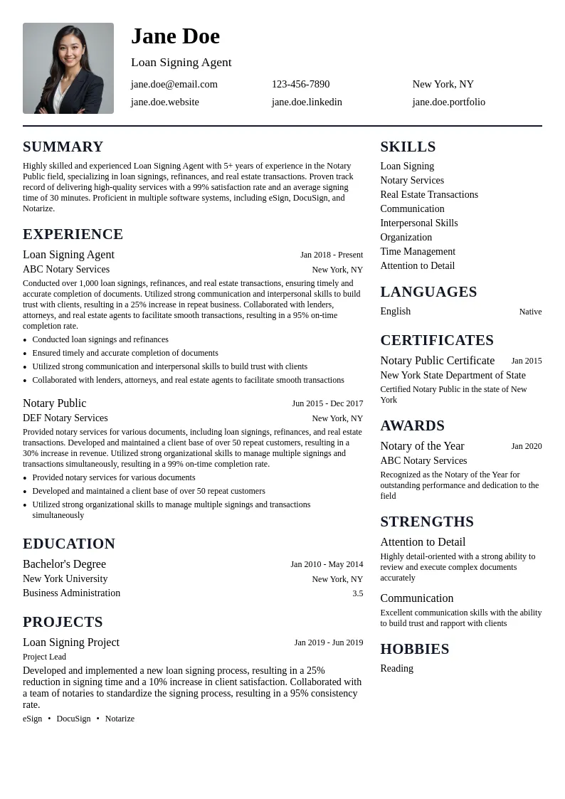 Loan Signing Agent resume example