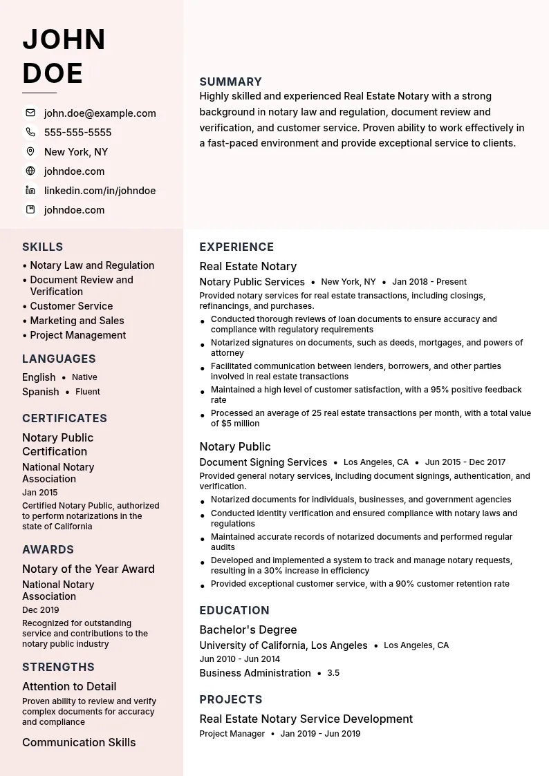Real Estate Notary resume example